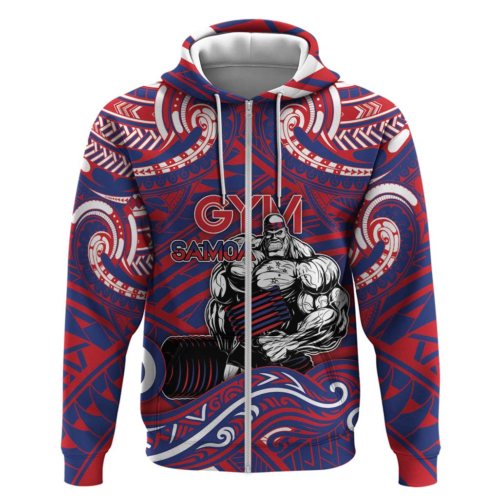 Personalised Samoa Gym Zip Hoodie Muscle Samoan Tribal Waves DT05 Zip Hoodie Navy - Polynesian Pride