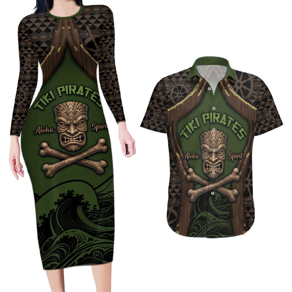 Personalised Hawaii Tiki Pirates Couples Matching Long Sleeve Bodycon Dress and Hawaiian Shirt Kakau Pattern Polynesian Style