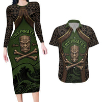 Personalised Hawaii Tiki Pirates Couples Matching Long Sleeve Bodycon Dress and Hawaiian Shirt Kakau Pattern Polynesian Style