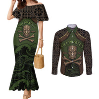 Personalised Hawaii Tiki Pirates Couples Matching Mermaid Dress and Long Sleeve Button Shirt Kakau Pattern Polynesian Style DT05 Green - Polynesian Pride