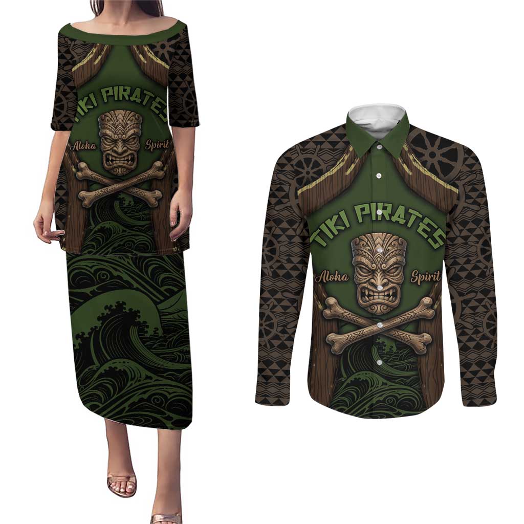 Personalised Hawaii Tiki Pirates Couples Matching Puletasi and Long Sleeve Button Shirt Kakau Pattern Polynesian Style