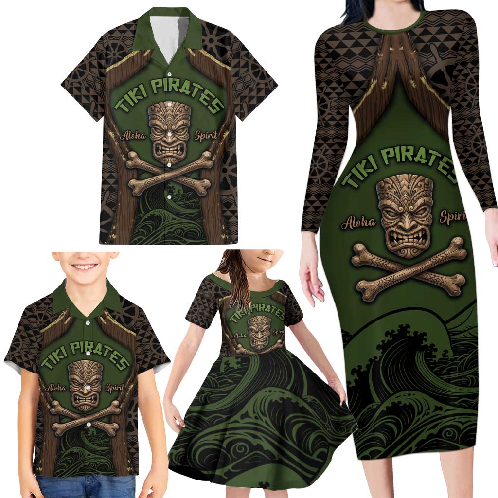 Personalised Hawaii Tiki Pirates Family Matching Long Sleeve Bodycon Dress and Hawaiian Shirt Kakau Pattern Polynesian Style DT05 - Polynesian Pride