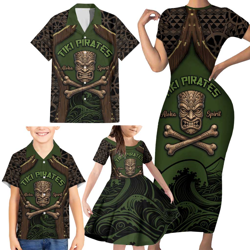 Personalised Hawaii Tiki Pirates Family Matching Short Sleeve Bodycon Dress and Hawaiian Shirt Kakau Pattern Polynesian Style DT05 - Polynesian Pride