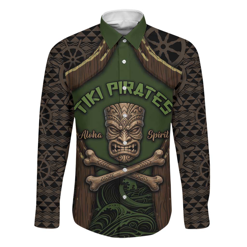 Personalised Hawaii Tiki Pirates Family Matching Short Sleeve Bodycon Dress and Hawaiian Shirt Kakau Pattern Polynesian Style DT05 Dad's Shirt - Long Sleeve Green - Polynesian Pride