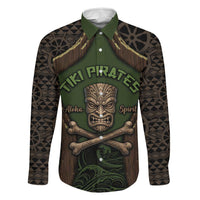 Personalised Hawaii Tiki Pirates Family Matching Tank Maxi Dress and Hawaiian Shirt Kakau Pattern Polynesian Style DT05 Dad's Shirt - Long Sleeve Green - Polynesian Pride
