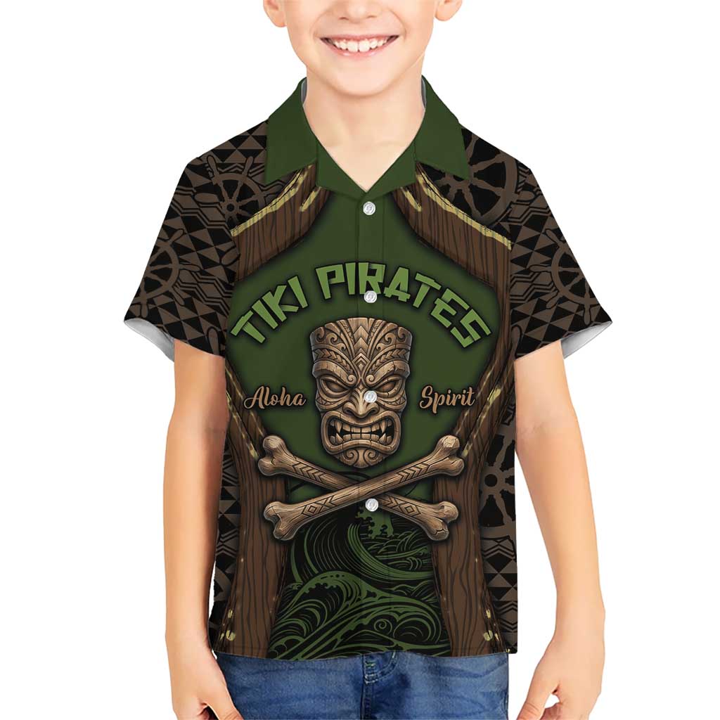 Personalised Hawaii Tiki Pirates Kid Hawaiian Shirt Kakau Pattern Polynesian Style DT05 Kid Green - Polynesian Pride