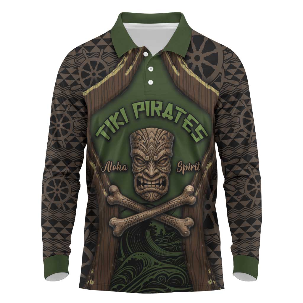 Personalised Hawaii Tiki Pirates Long Sleeve Polo Shirt Kakau Pattern Polynesian Style