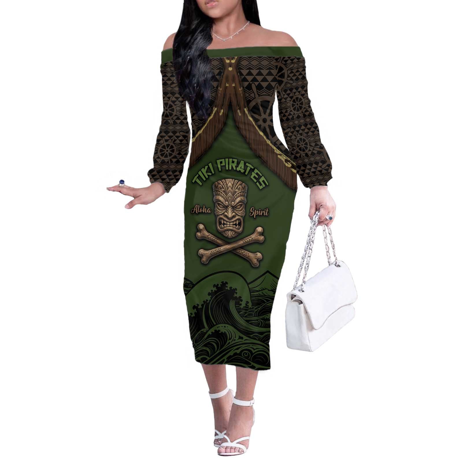 Personalised Hawaii Tiki Pirates Off The Shoulder Long Sleeve Dress Kakau Pattern Polynesian Style