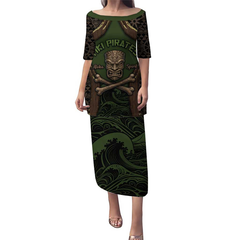 Personalised Hawaii Tiki Pirates Puletasi Kakau Pattern Polynesian Style DT05 Long Dress Green - Polynesian Pride