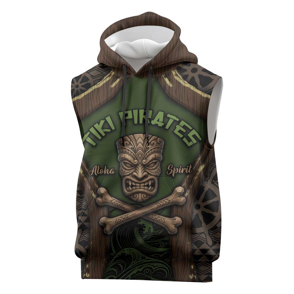 Personalised Hawaii Tiki Pirates Sleeveless Hoodie Kakau Pattern Polynesian Style DT05 Green - Polynesian Pride