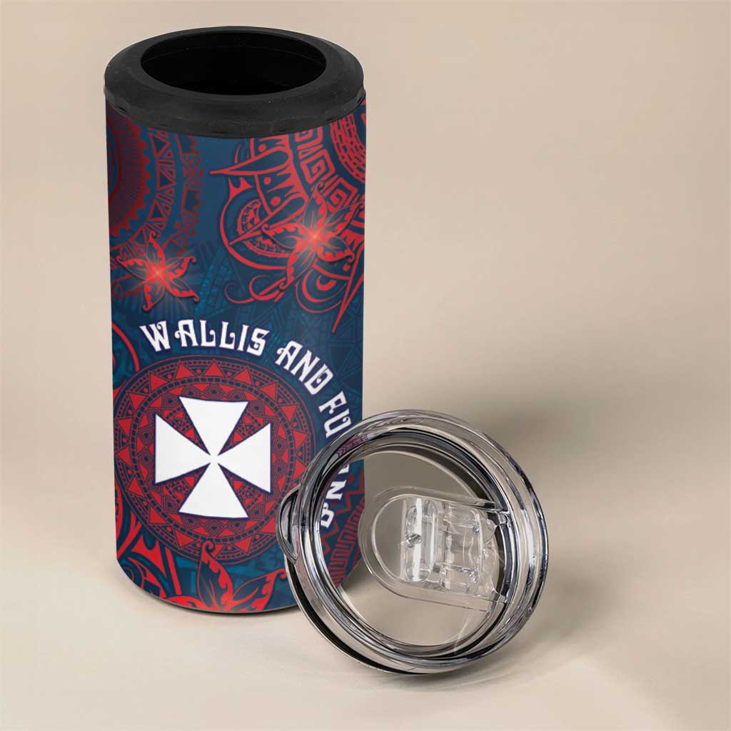 Personalised Wallis And Futuna 4 in 1 Can Cooler Tumbler Hibiscus Polynesian Tribal Pattern