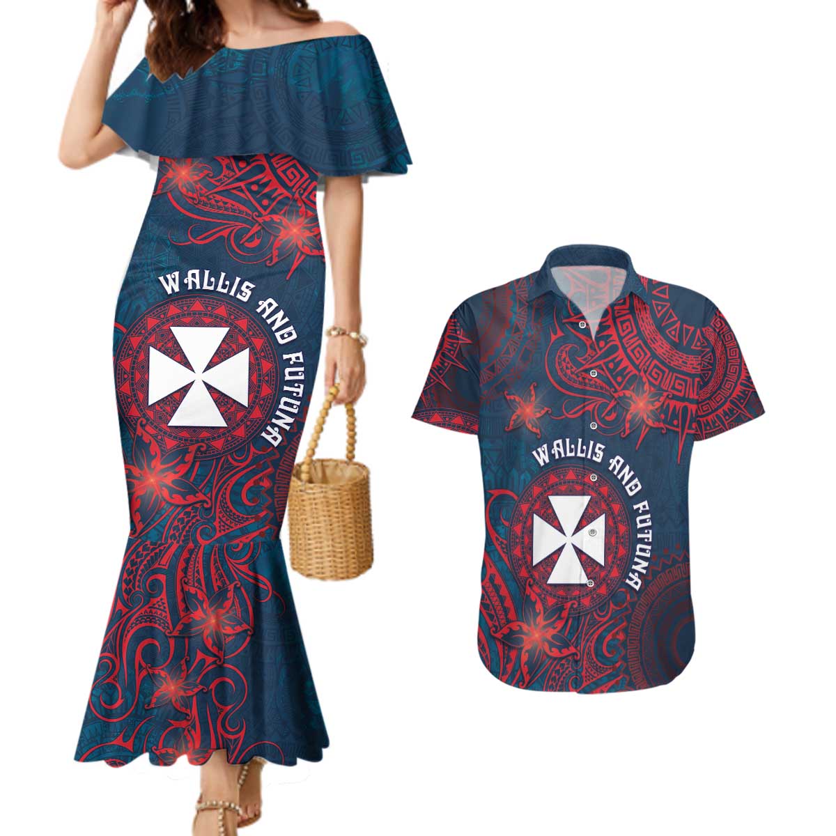 Personalised Wallis And Futuna Couples Matching Mermaid Dress and Hawaiian Shirt Hibiscus Polynesian Tribal Pattern DT05 Navy - Polynesian Pride