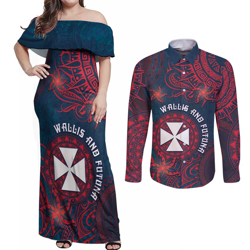 Personalised Wallis And Futuna Couples Matching Off Shoulder Maxi Dress and Long Sleeve Button Shirt Hibiscus Polynesian Tribal Pattern DT05 Navy - Polynesian Pride