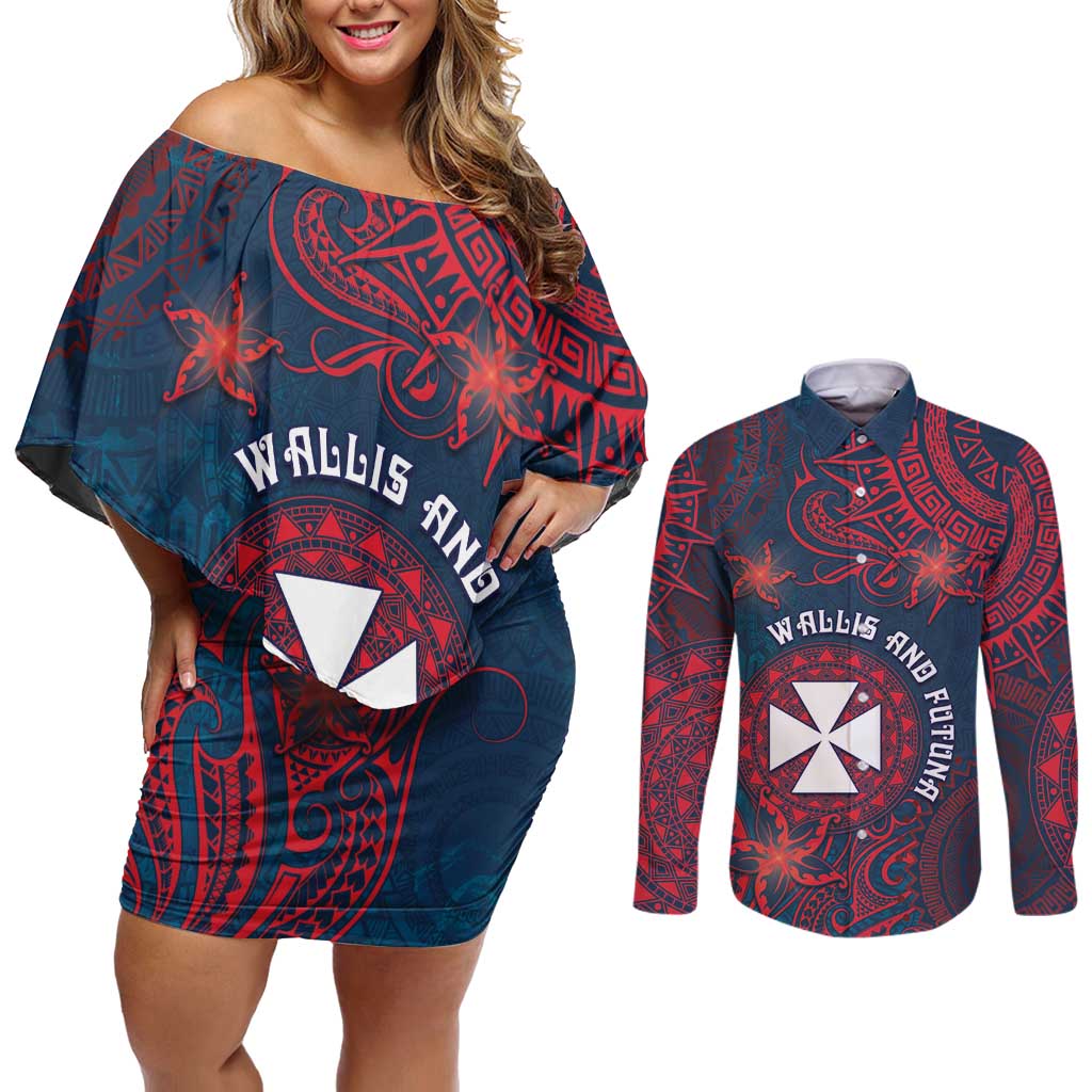 Personalised Wallis And Futuna Couples Matching Off Shoulder Short Dress and Long Sleeve Button Shirt Hibiscus Polynesian Tribal Pattern DT05 Navy - Polynesian Pride