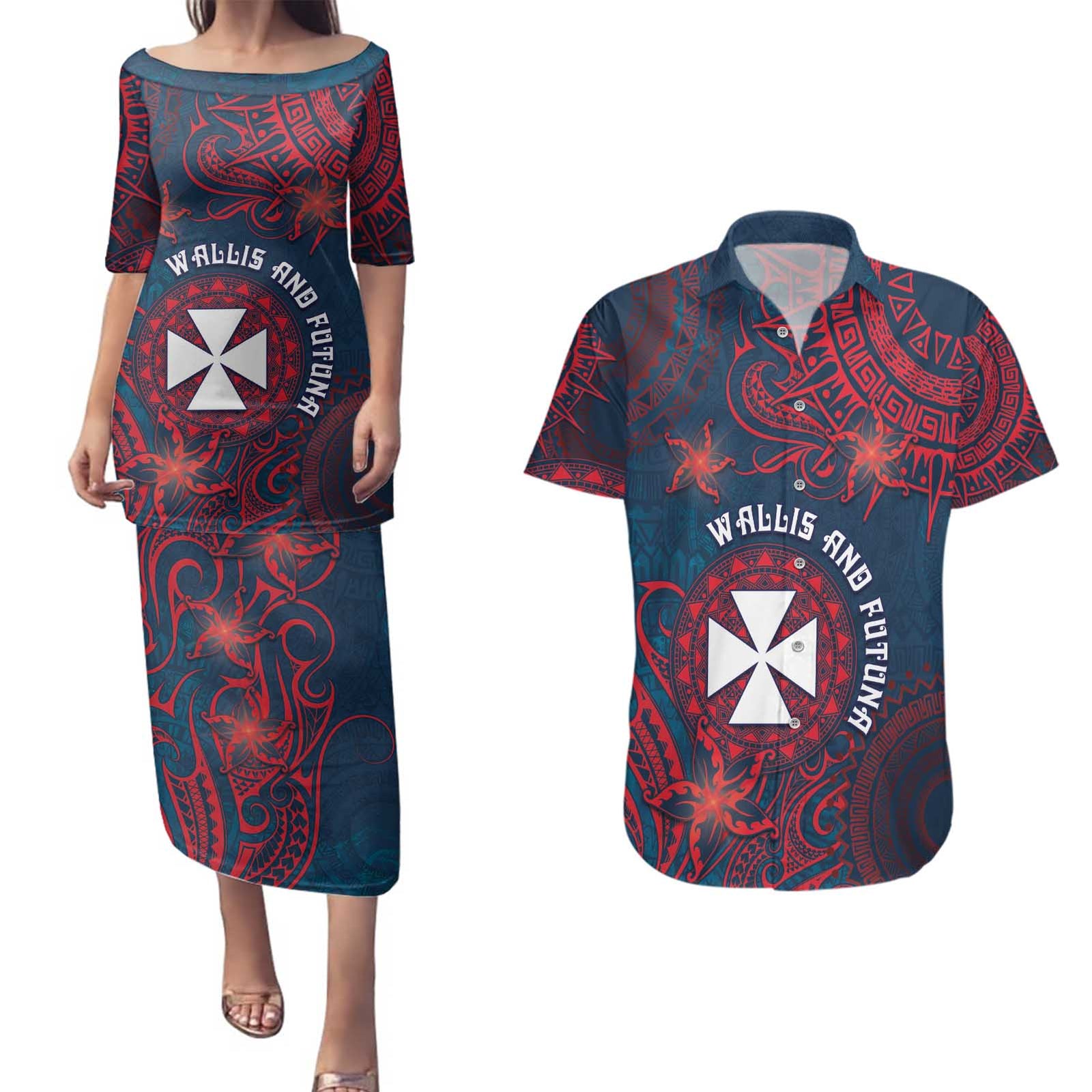 Personalised Wallis And Futuna Couples Matching Puletasi and Hawaiian Shirt Hibiscus Polynesian Tribal Pattern DT05 Navy - Polynesian Pride