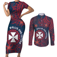 Personalised Wallis And Futuna Couples Matching Short Sleeve Bodycon Dress and Long Sleeve Button Shirt Hibiscus Polynesian Tribal Pattern