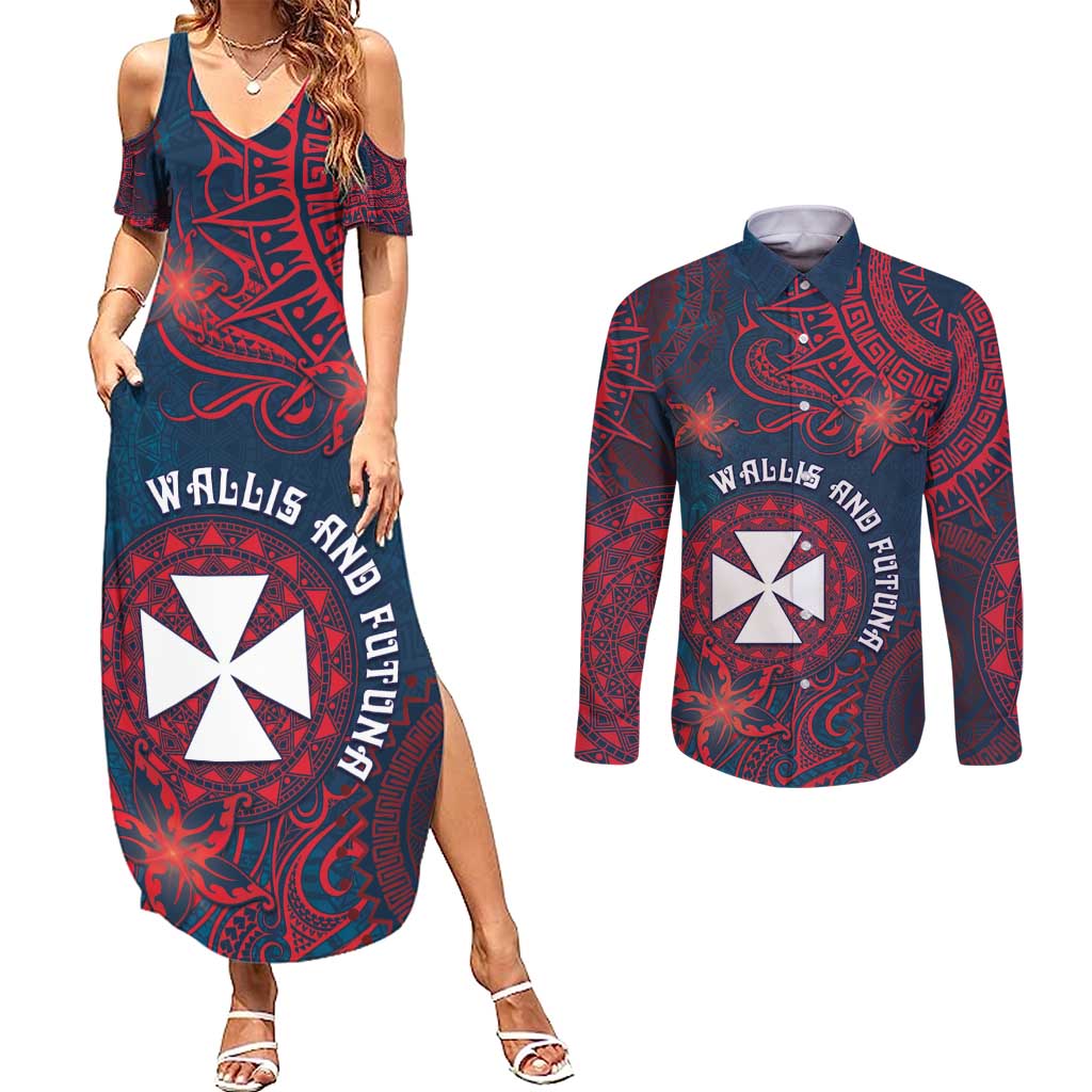 Personalised Wallis And Futuna Couples Matching Summer Maxi Dress and Long Sleeve Button Shirt Hibiscus Polynesian Tribal Pattern DT05 Navy - Polynesian Pride
