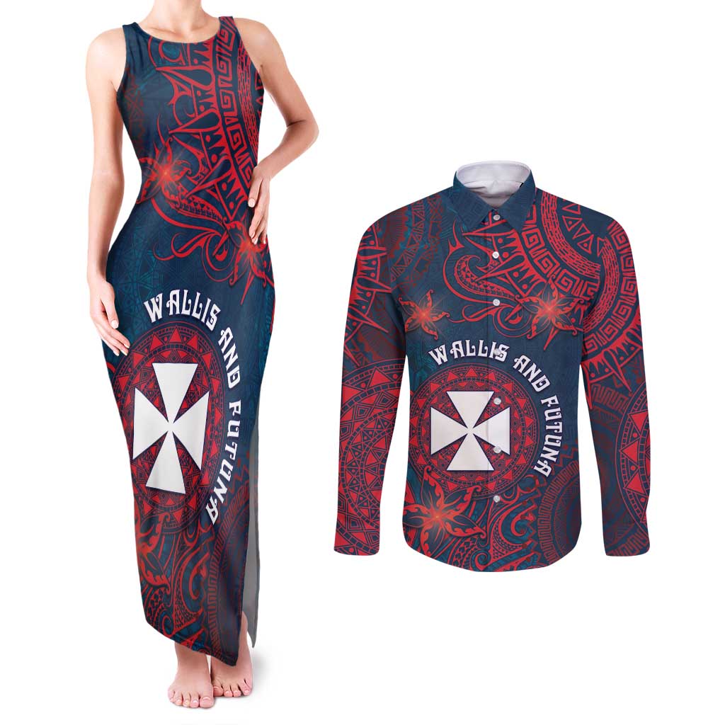 Personalised Wallis And Futuna Couples Matching Tank Maxi Dress and Long Sleeve Button Shirt Hibiscus Polynesian Tribal Pattern