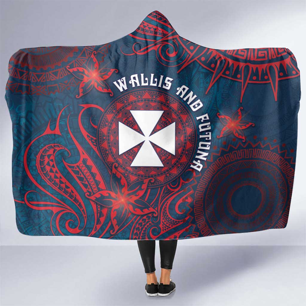Wallis And Futuna Hooded Blanket Hibiscus Polynesian Tribal Pattern DT05 One Size Navy - Polynesian Pride