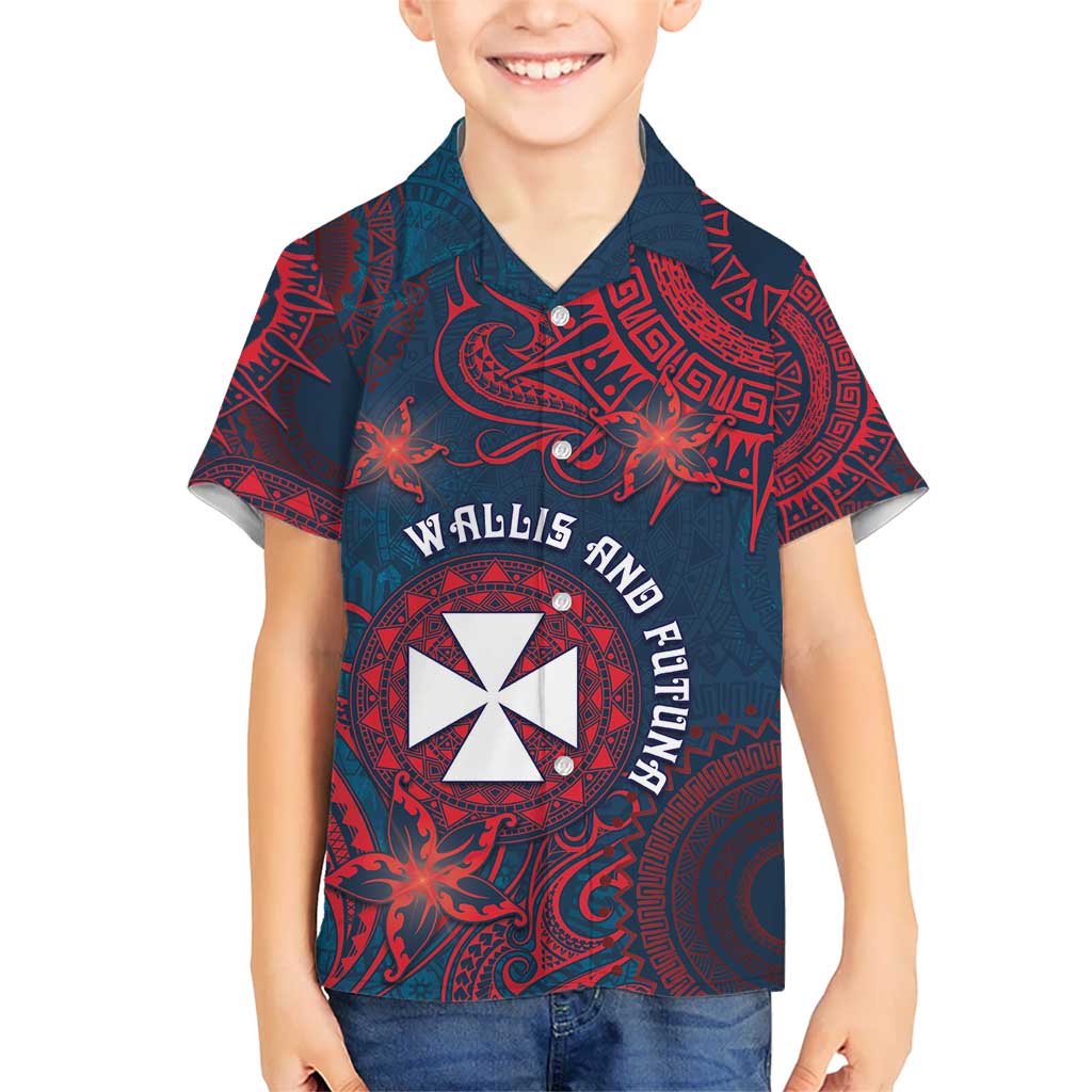 Personalised Wallis And Futuna Kid Hawaiian Shirt Hibiscus Polynesian Tribal Pattern DT05 Kid Navy - Polynesian Pride