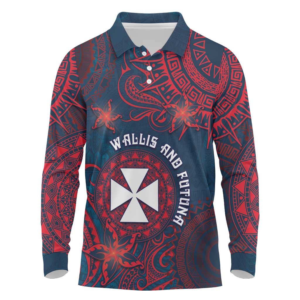 Personalised Wallis And Futuna Long Sleeve Polo Shirt Hibiscus Polynesian Tribal Pattern DT05 Navy - Polynesian Pride