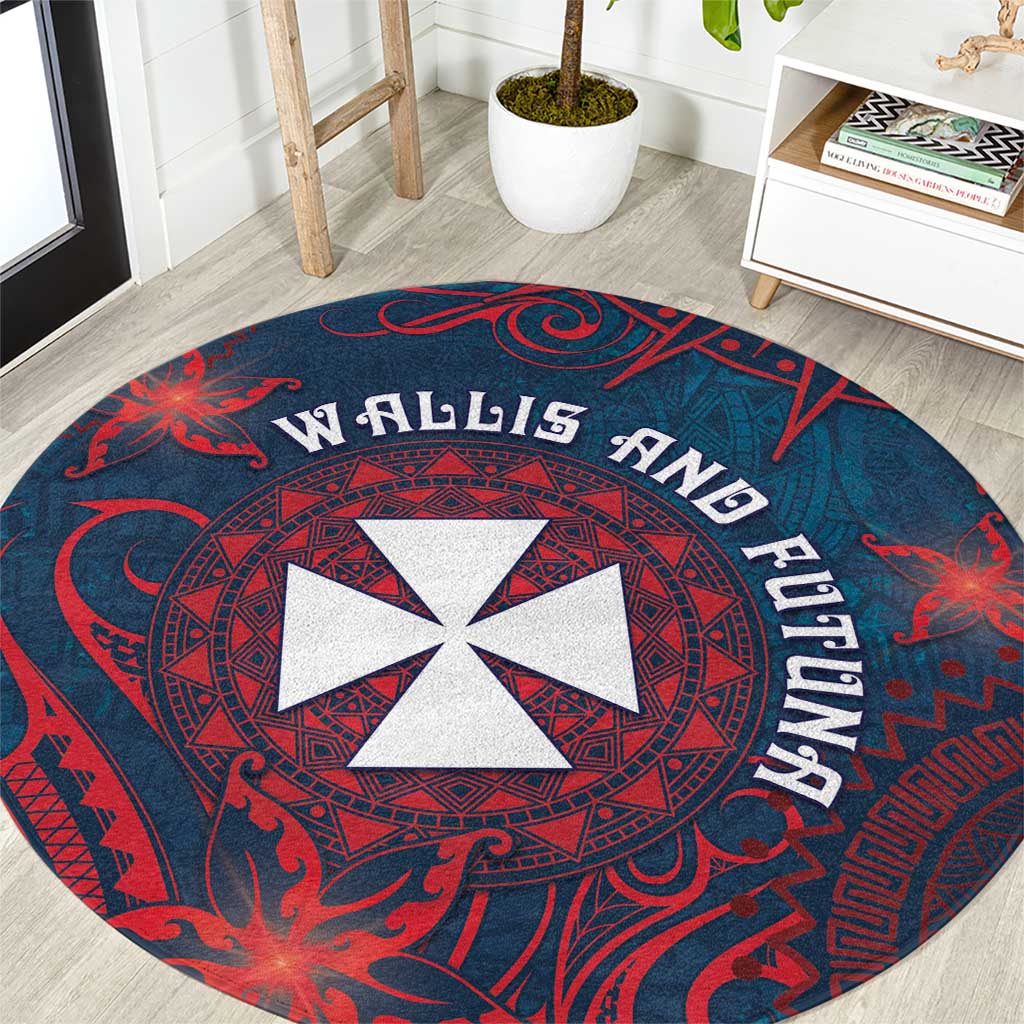 Wallis And Futuna Round Carpet Hibiscus Polynesian Tribal Pattern DT05 Navy - Polynesian Pride