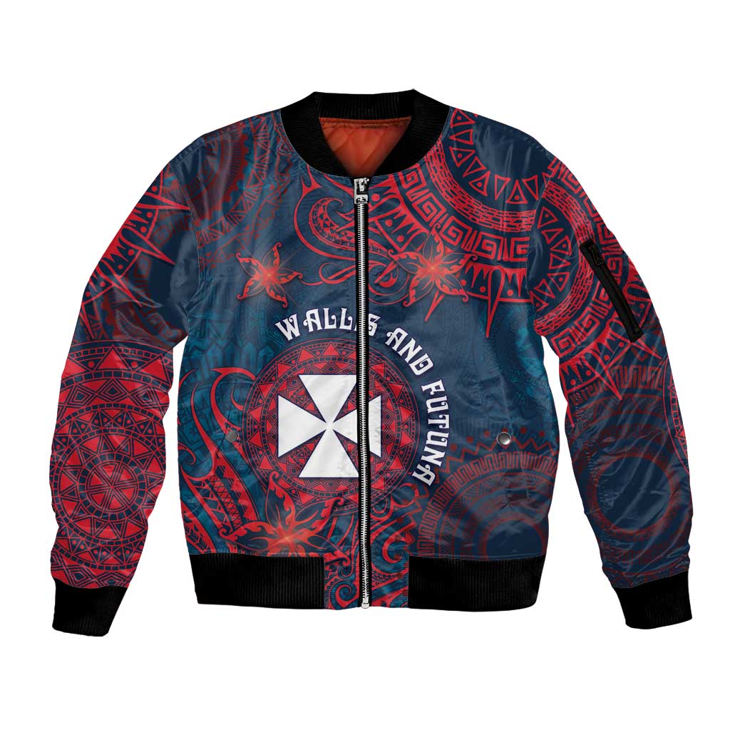 Personalised Wallis And Futuna Sleeve Zip Bomber Jacket Hibiscus Polynesian Tribal Pattern DT05 Unisex Navy - Polynesian Pride