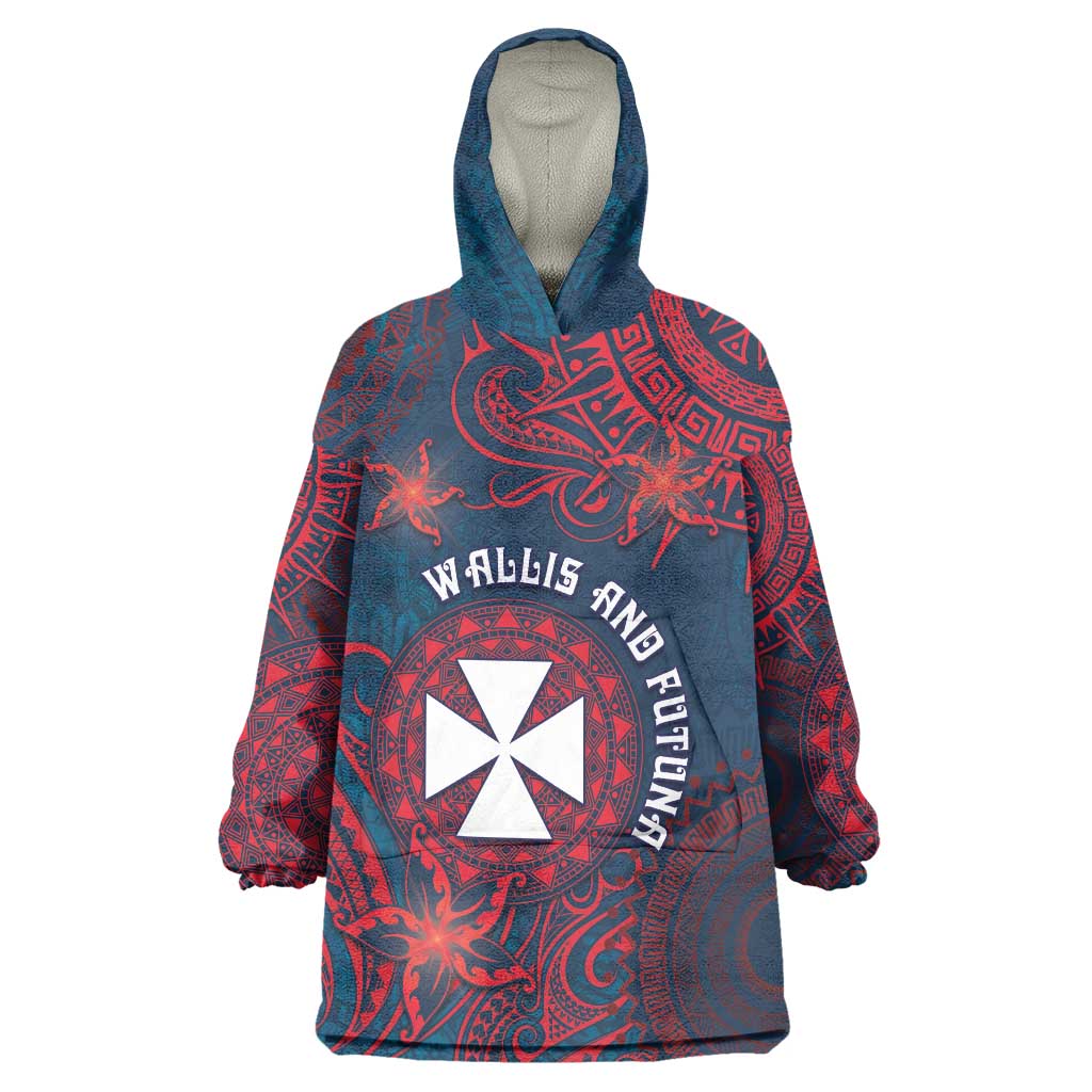 Personalised Wallis And Futuna Wearable Blanket Hoodie Hibiscus Polynesian Tribal Pattern DT05 One Size Navy - Polynesian Pride