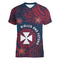 Personalised Wallis And Futuna Women V-Neck T-Shirt Hibiscus Polynesian Tribal Pattern