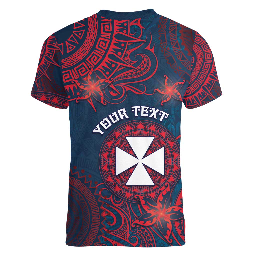 Personalised Wallis And Futuna Women V-Neck T-Shirt Hibiscus Polynesian Tribal Pattern