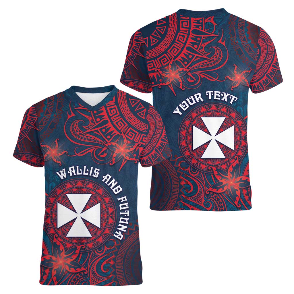 Personalised Wallis And Futuna Women V-Neck T-Shirt Hibiscus Polynesian Tribal Pattern