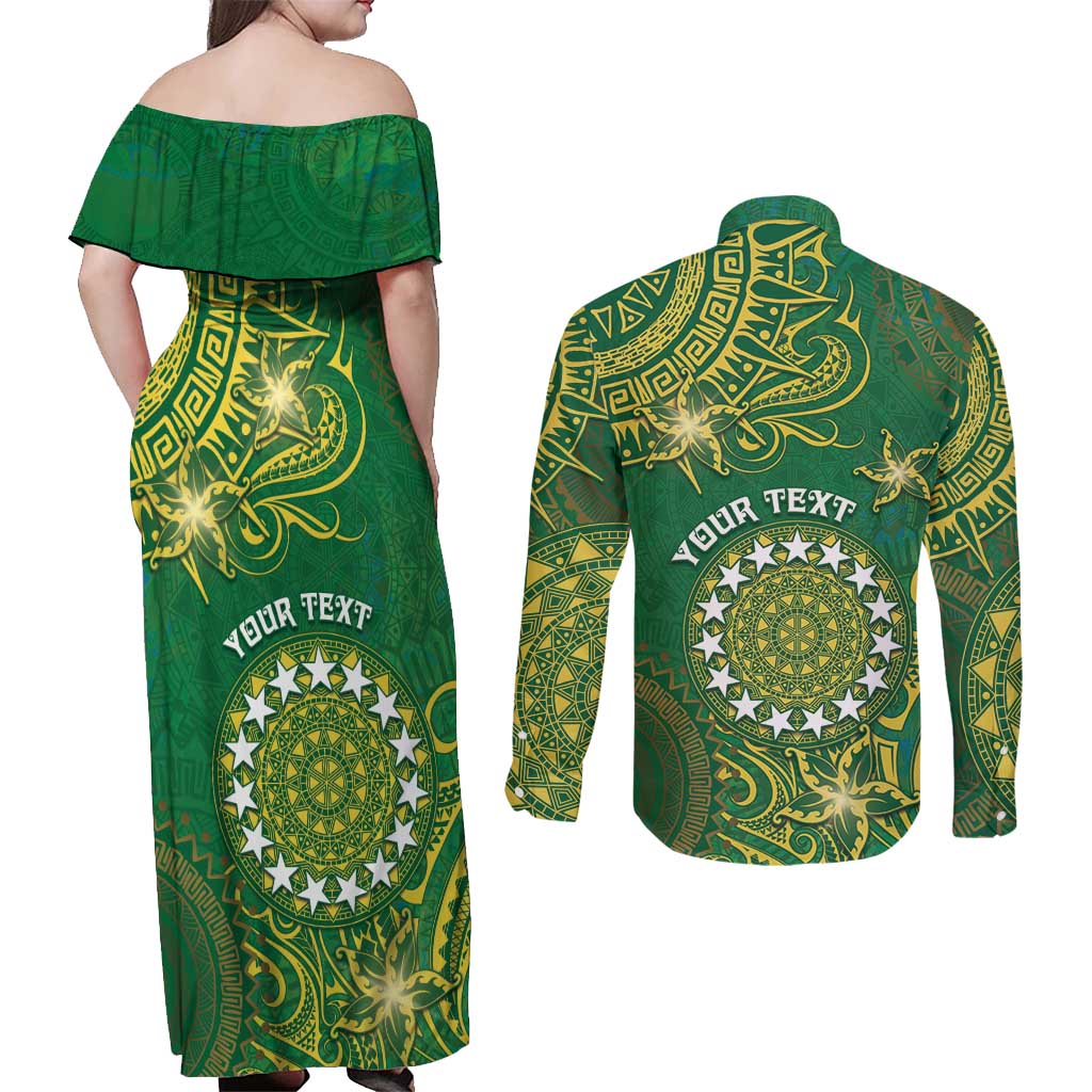 Personalised Cook Islands Couples Matching Off Shoulder Maxi Dress and Long Sleeve Button Shirt Hibiscus Polynesian Tribal Pattern