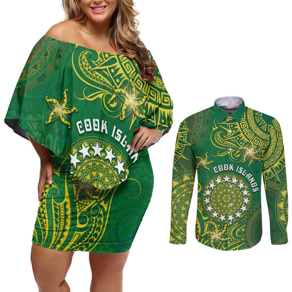Personalised Cook Islands Couples Matching Off Shoulder Short Dress and Long Sleeve Button Shirt Hibiscus Polynesian Tribal Pattern