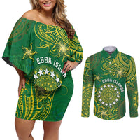 Personalised Cook Islands Couples Matching Off Shoulder Short Dress and Long Sleeve Button Shirt Hibiscus Polynesian Tribal Pattern