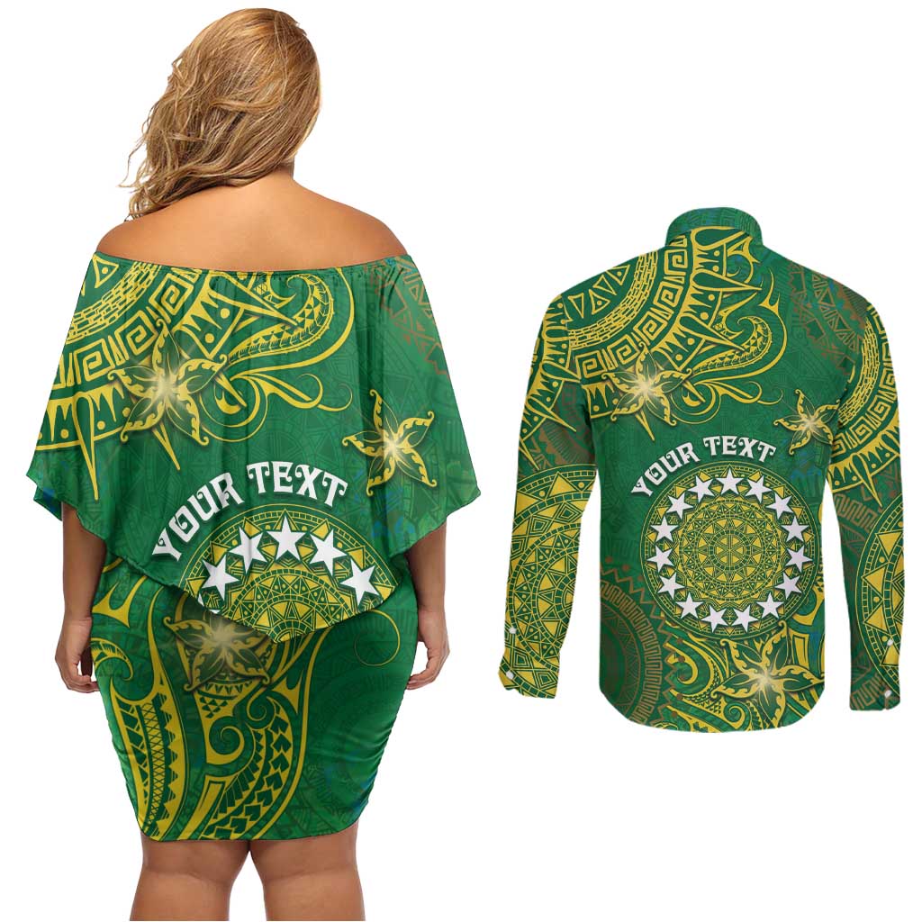 Personalised Cook Islands Couples Matching Off Shoulder Short Dress and Long Sleeve Button Shirt Hibiscus Polynesian Tribal Pattern
