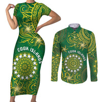 Personalised Cook Islands Couples Matching Short Sleeve Bodycon Dress and Long Sleeve Button Shirt Hibiscus Polynesian Tribal Pattern