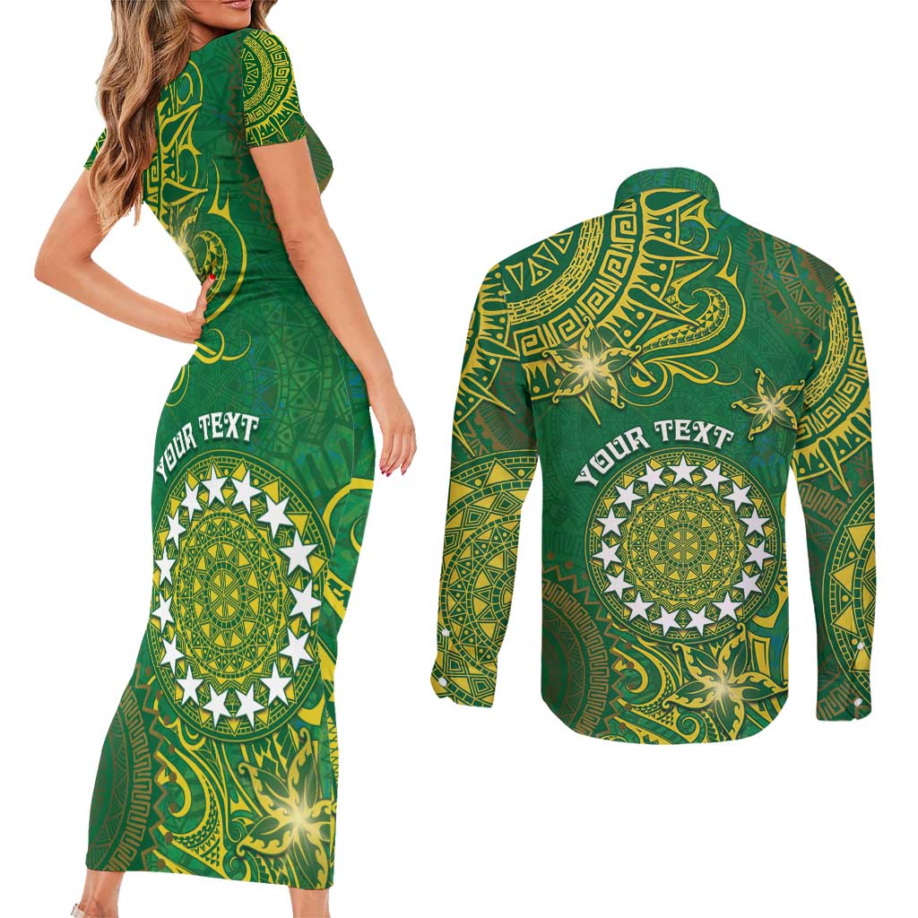 Personalised Cook Islands Couples Matching Short Sleeve Bodycon Dress and Long Sleeve Button Shirt Hibiscus Polynesian Tribal Pattern