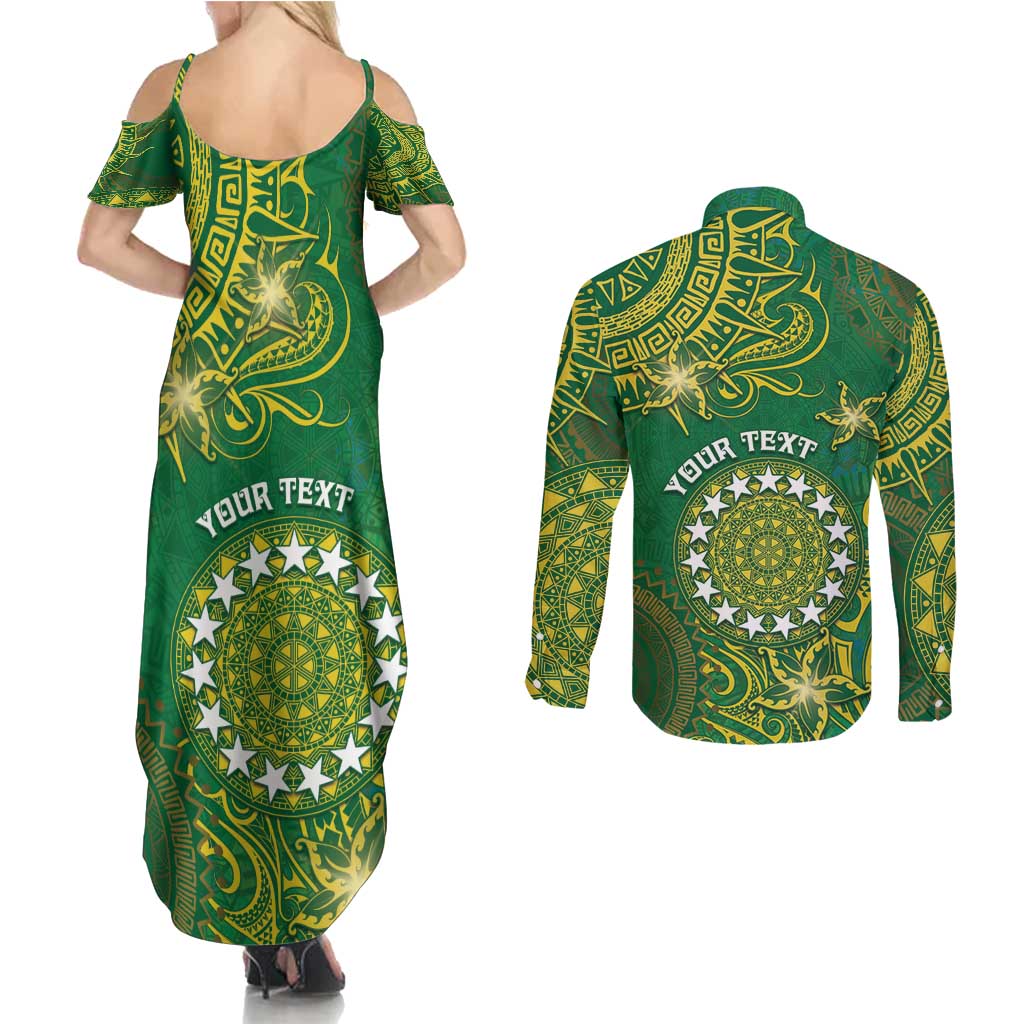 Personalised Cook Islands Couples Matching Summer Maxi Dress and Long Sleeve Button Shirt Hibiscus Polynesian Tribal Pattern