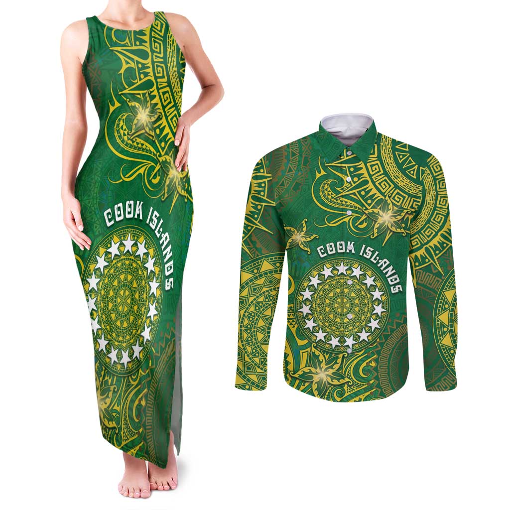 Personalised Cook Islands Couples Matching Tank Maxi Dress and Long Sleeve Button Shirt Hibiscus Polynesian Tribal Pattern