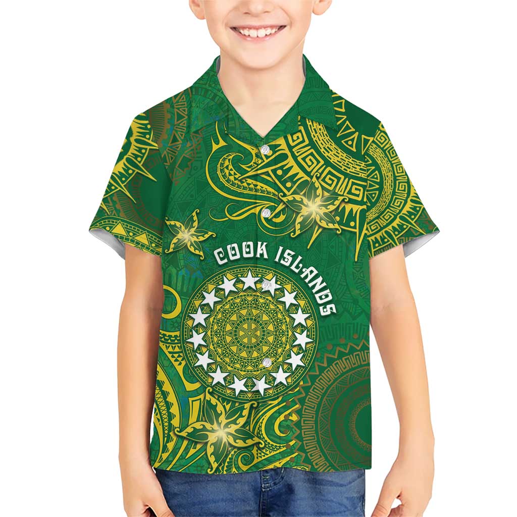 Personalised Cook Islands Kid Hawaiian Shirt Hibiscus Polynesian Tribal Pattern