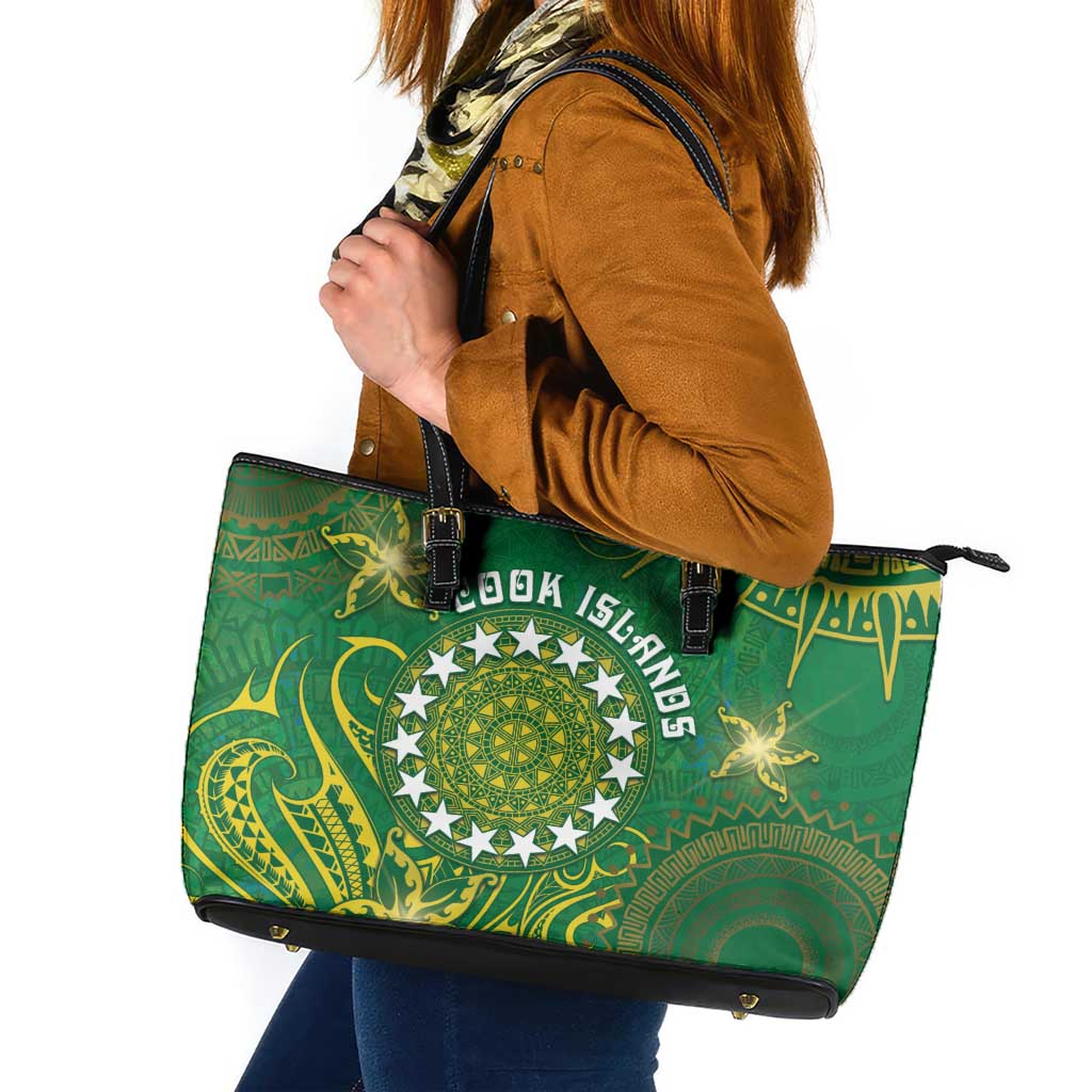 Cook Islands Leather Tote Bag Hibiscus Polynesian Tribal Pattern