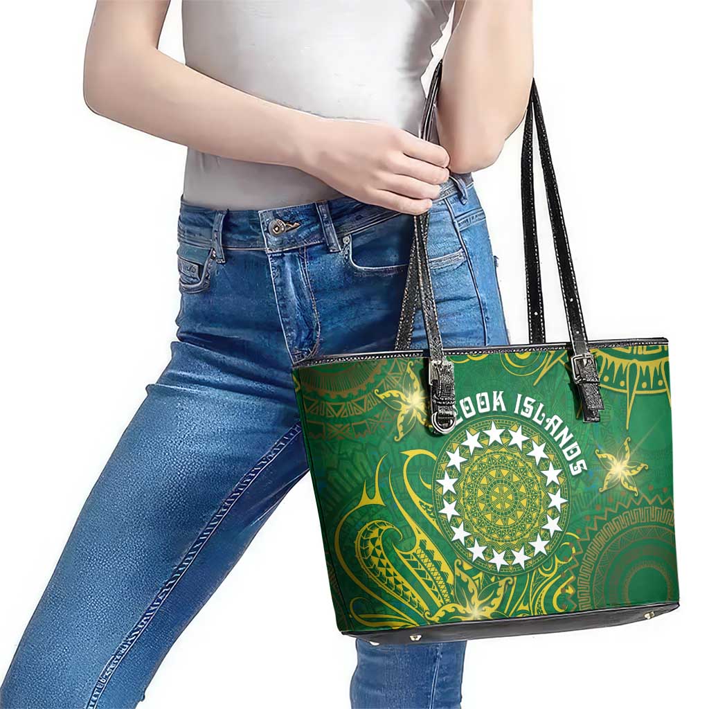 Cook Islands Leather Tote Bag Hibiscus Polynesian Tribal Pattern