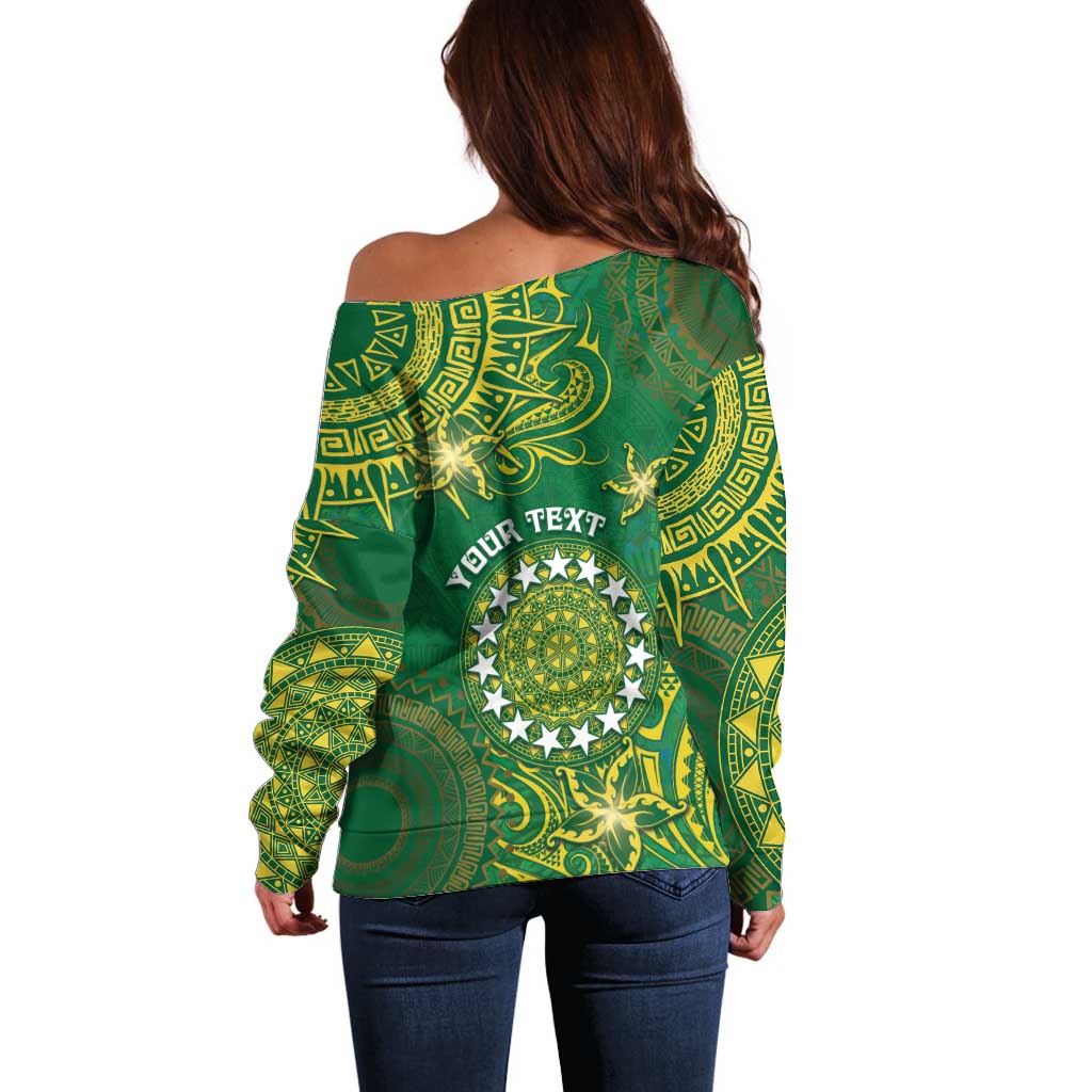 Personalised Cook Islands Off Shoulder Sweater Hibiscus Polynesian Tribal Pattern