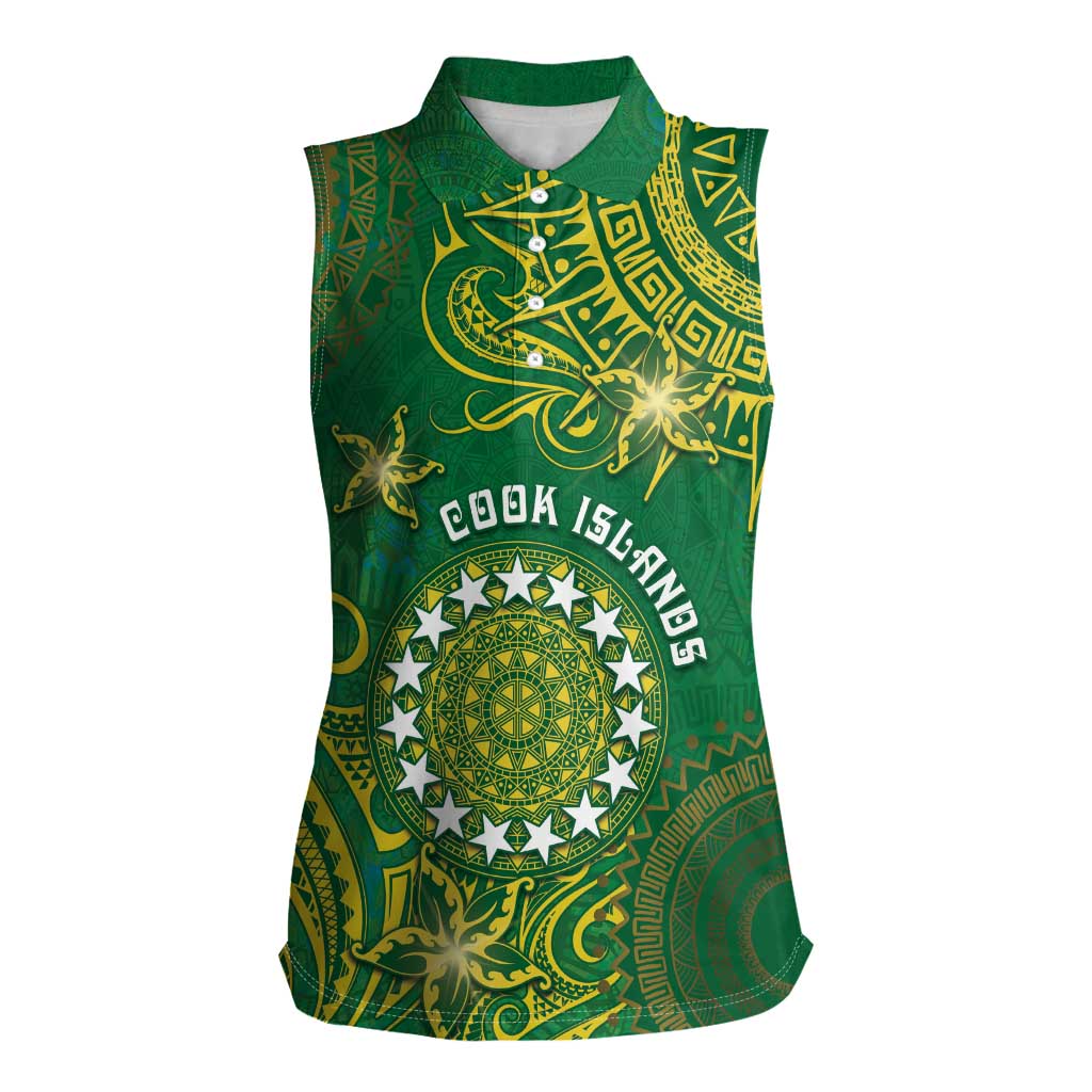 Personalised Cook Islands Women Sleeveless Polo Shirt Hibiscus Polynesian Tribal Pattern