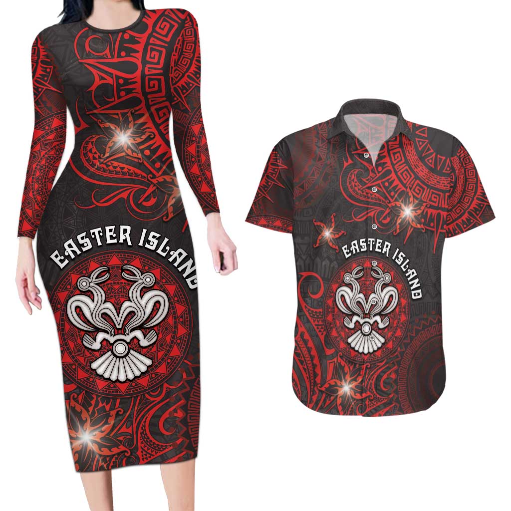 Personalised Easter Island Couples Matching Long Sleeve Bodycon Dress and Hawaiian Shirt Hibiscus Polynesian Tribal Pattern DT05 Black - Polynesian Pride