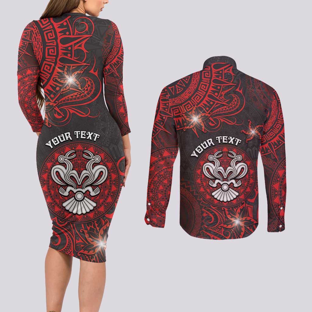 Personalised Easter Island Couples Matching Long Sleeve Bodycon Dress and Long Sleeve Button Shirt Hibiscus Polynesian Tribal Pattern DT05 - Polynesian Pride