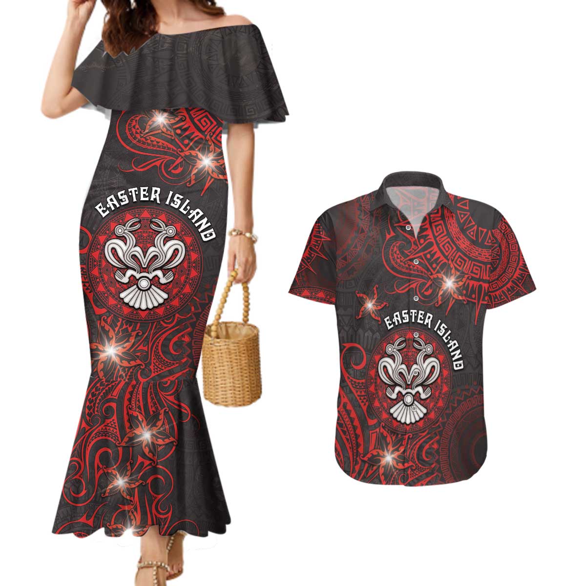 Personalised Easter Island Couples Matching Mermaid Dress and Hawaiian Shirt Hibiscus Polynesian Tribal Pattern DT05 Black - Polynesian Pride