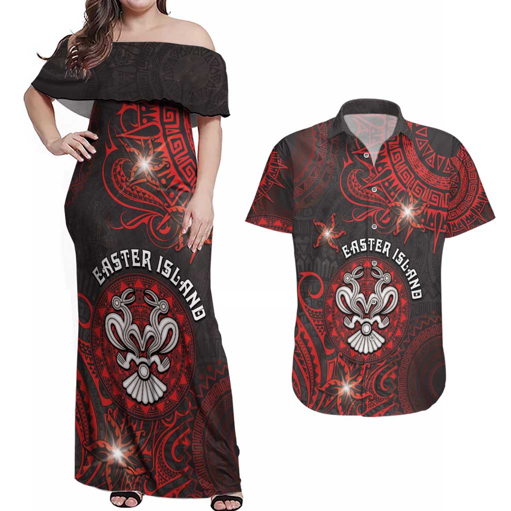 Personalised Easter Island Couples Matching Off Shoulder Maxi Dress and Hawaiian Shirt Hibiscus Polynesian Tribal Pattern DT05 Black - Polynesian Pride