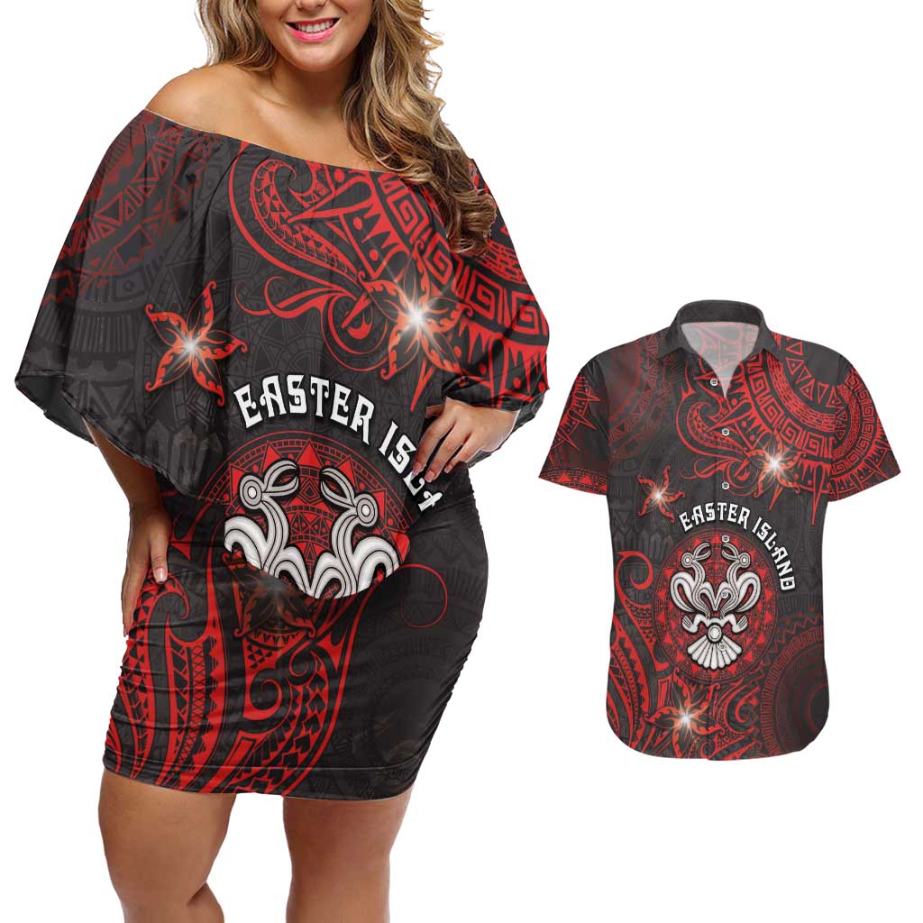 Personalised Easter Island Couples Matching Off Shoulder Short Dress and Hawaiian Shirt Hibiscus Polynesian Tribal Pattern DT05 Black - Polynesian Pride