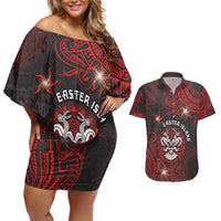 Personalised Easter Island Couples Matching Off Shoulder Short Dress and Hawaiian Shirt Hibiscus Polynesian Tribal Pattern DT05 Black - Polynesian Pride